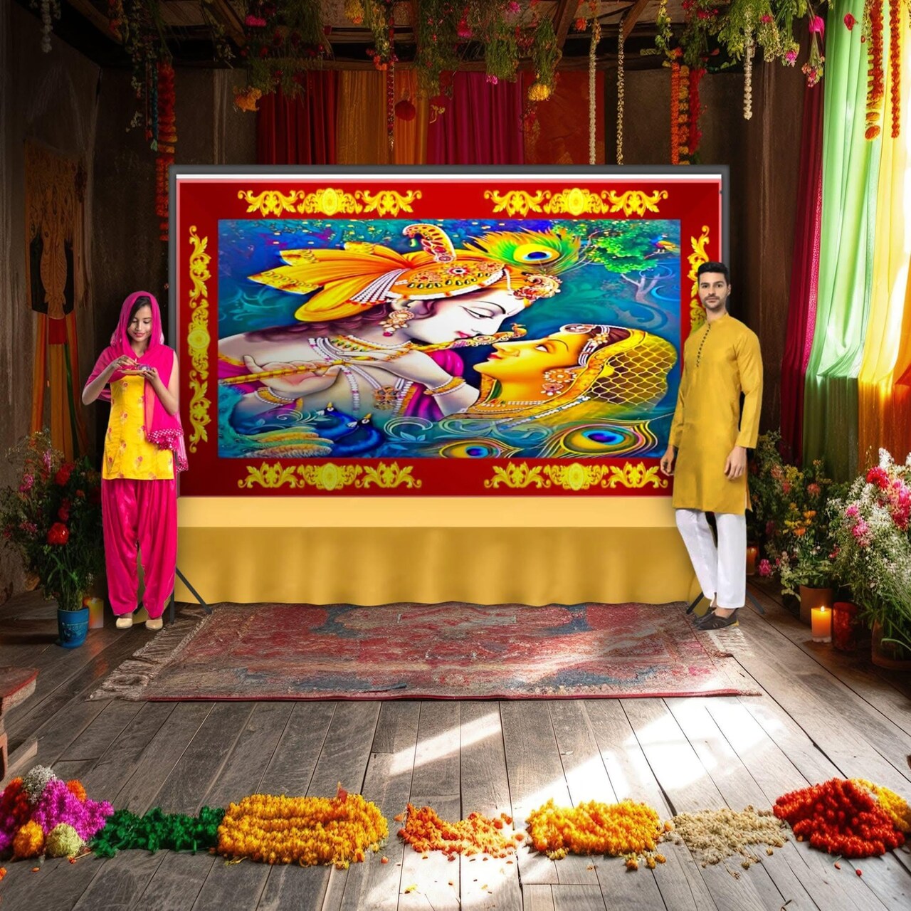 Radha Krishna Backdrop Indian Traditional Cloth 5x8 Feet Backdrop Pooja Wall Decor Indian Wall Art Photo Decor Banner Indian Janmashtami Decor Decorative Pooja Cloth
